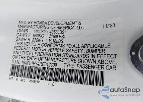 2024 Honda Civic Ex-L из США, поврежденный, VIN 19XFL1H74RE012309